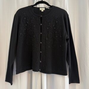 Vintage Ann Taylor LOFT Beaded Wool Cardigan Black Floral Women’s Large